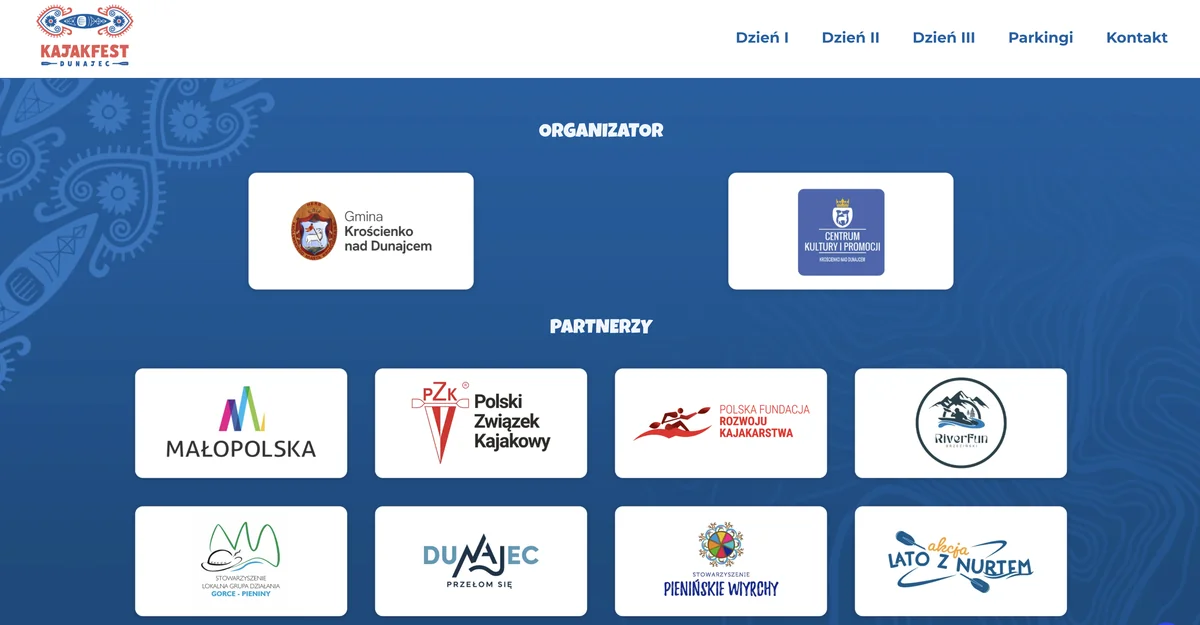 Grid organizatorów i partnerów Kajak Festiwal Dunajec, w tym logo RiverFun